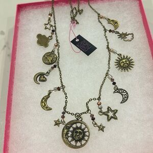 Antiqued Gold Celestial Sun, Stars & Moon Charm Necklace-Boutique